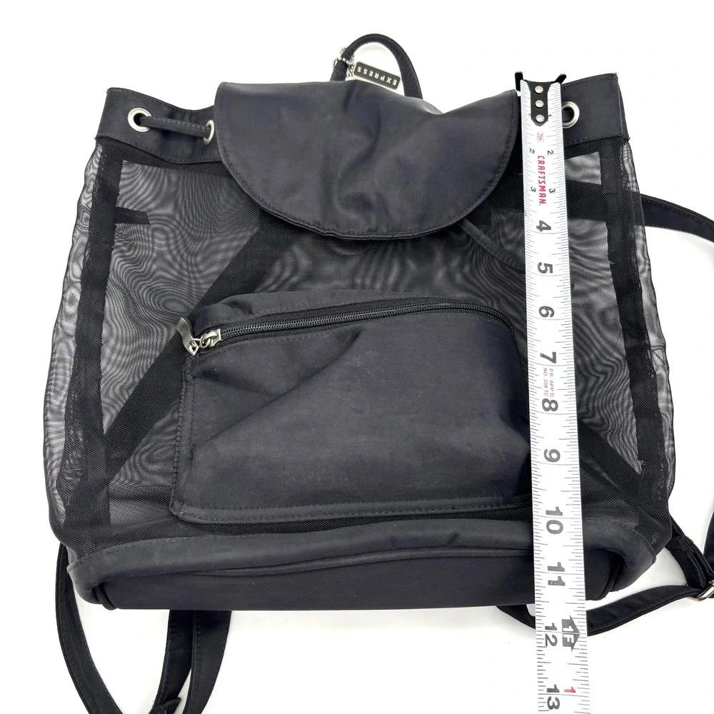 Vintage 00s Y2K EXPRESS Black Nylon See-through Mesh Drawstring Backpack 13x11